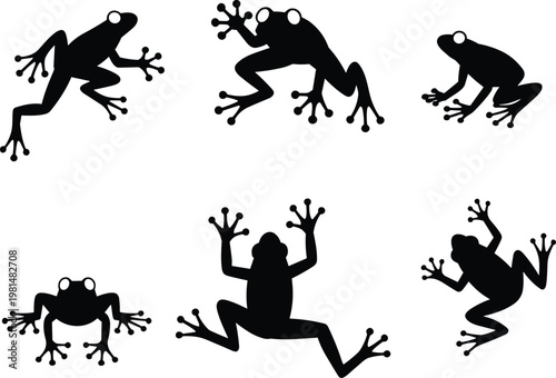 Frog silhouettes collection, jumping frog vector, amphibian animal icons, black frog shapes, wildlife frog design, nature illustration, decorative silhouette pattern