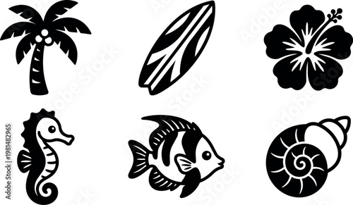 Black and white tropical icons palm tree surfboard hibiscus seahorse fish and shell