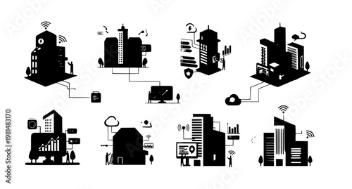 Modern smart building vector set with geometric city architecture and digital IoT connectivity concepts
