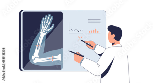 Doctor analyzing elbow x-ray and medical data on screen, healthcare concept
