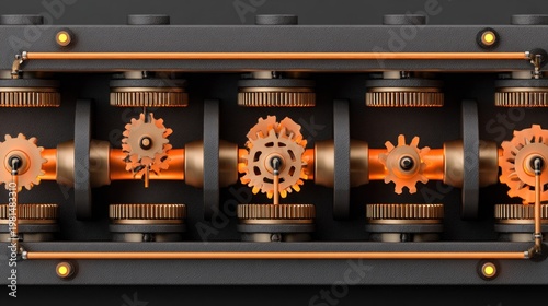 Intricate row of metallic gears operates within a complex mechanical system design