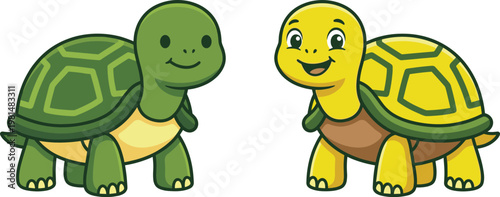 Cartoon Tortoises with Green and Yellow Shells for Cute Animal and Nature Illustrations