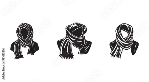 Black and white illustration of scarf tied around neck in different styles and positions  fashion accessory  scarf styles  neck scarf  tied scarf