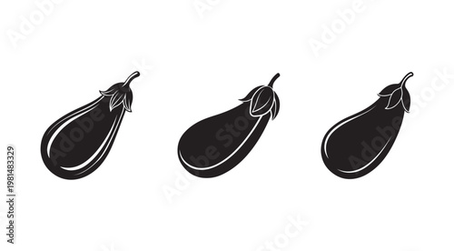 Black and white illustration of three eggplants with leaves on white background for food and vegetable design