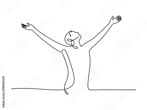 Continuous line drawing of a woman with arms raised in a joyful gesture  expressing freedom and happiness