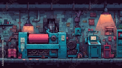 Industrial machinery occupies a dimly lit workshop environment rendered in a pixelated style.