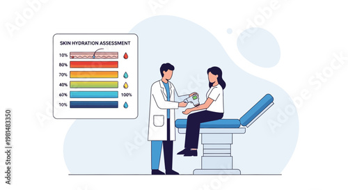 Doctor assesses patient's skin hydration with chart in clinic, medical examination