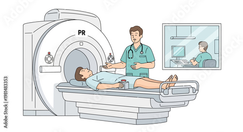 Doctor assisting patient in MRI scanner, medical imaging technology, healthcare concept