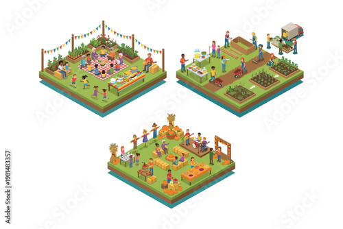 Isometric 3D scenes of bustling community harvest festivals and autumn markets