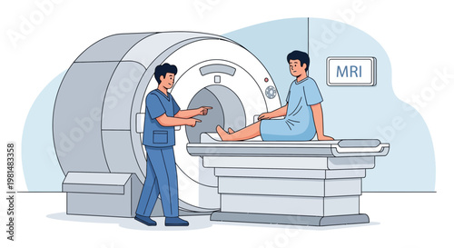 Doctor assists patient undergoing MRI scan in modern medical imaging room