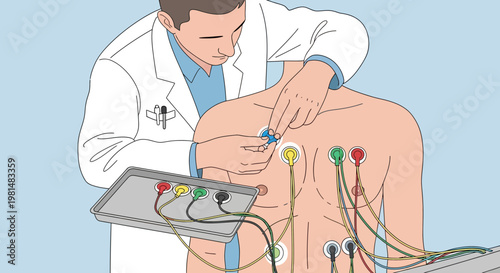 Doctor attaches ECG electrodes to patient's chest for heart monitoring