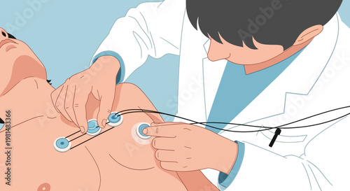 Doctor attaching ECG electrodes to patient's chest for heart monitoring