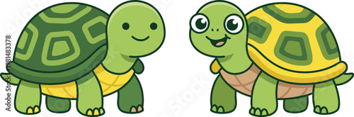 Cartoon Tortoises with Green and Yellow Shells and Smiling Faces for Fun Animal and Nature Illustrations
