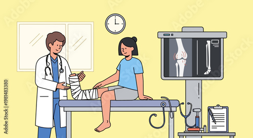 Doctor bandaging patient's broken leg in clinic, X-ray of knee visible