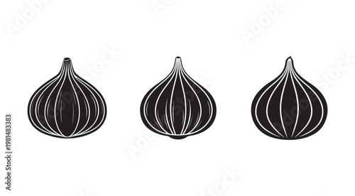 Black and white illustration of three onions with white lines on a white background