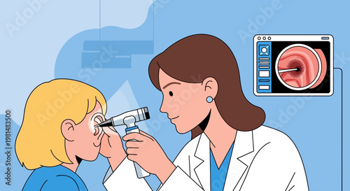 Doctor examines child's ear with otoscope, showing ear canal on screen