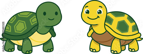 Cartoon Tortoises in Green and Yellow with Happy Faces for Animal and Nature Illustrations