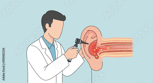 Doctor examines ear with otoscope, showing infection and earwax buildup