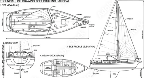 Cruising sailboat blueprint vector with top side stern and deck views detailed nautical vessel technical drawing illustration.eps