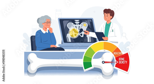 Doctor examines elderly woman's bone density scan, showing osteoporosis risk
