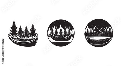 Black and white illustrations of boat and trees in various scenic landscapes with mountains and night sky