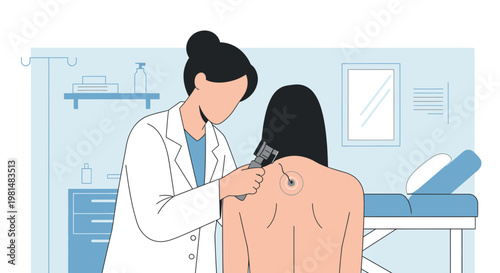 Doctor examines mole on patient's back with dermatoscope in clinic, skin checkup