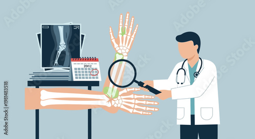 Doctor examines human arm bones with magnifying glass, X-ray and calendar in background