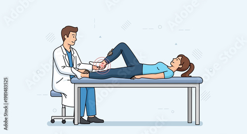 Doctor examines patient's ankle on examination table, physical therapy concept