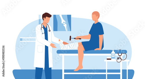 Doctor examines patient's broken leg with reflex hammer, X-ray on wall