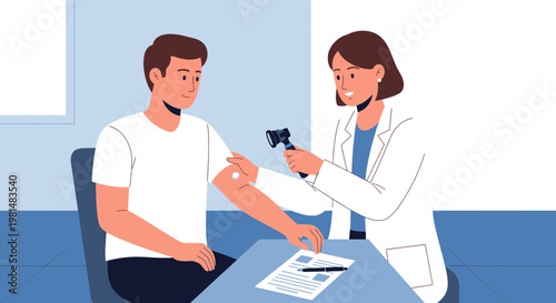 Doctor examines patient's arm with otoscope, medical check-up in clinic