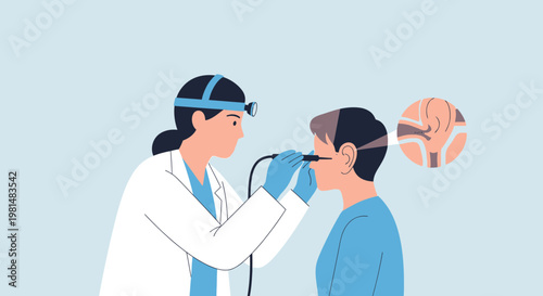 Doctor examines patient's ear with otoscope, close-up of ear canal detail