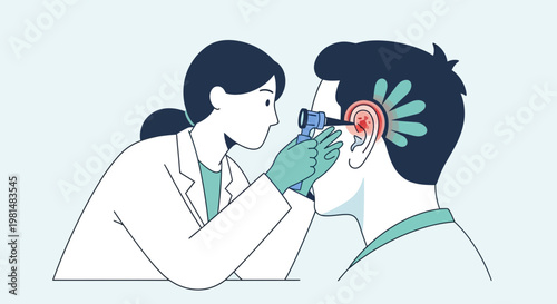 Doctor examines patient's ear with otoscope, ear examination, hearing health