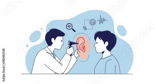 Doctor examines patient's ear with otoscope, diagnosing hearing problems and infections.