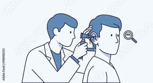 Doctor examines patient's ear with otoscope, medical checkup, hearing health concept