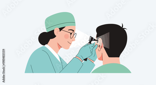 Doctor examines patient's ear with otoscope, medical checkup, hearing health concept