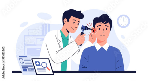 Doctor examines patient's ear with otoscope, medical checkup, hearing health concept