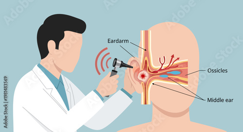 Doctor examines patient's ear with otoscope, showing ear anatomy and hearing process
