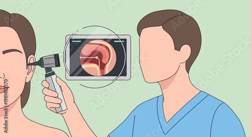 Doctor examines patient's ear with otoscope, showing eardrum on screen