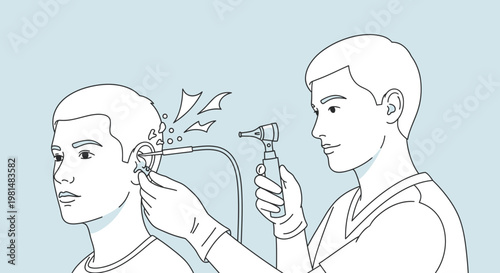 Doctor examines patient's ear with otoscope, showing earwax removal and hearing health concept