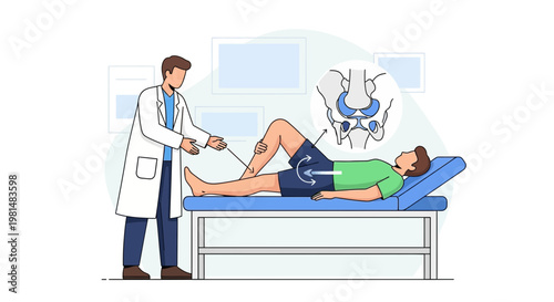 Doctor examines patient's hip joint, checking for pain and mobility issues in medical office