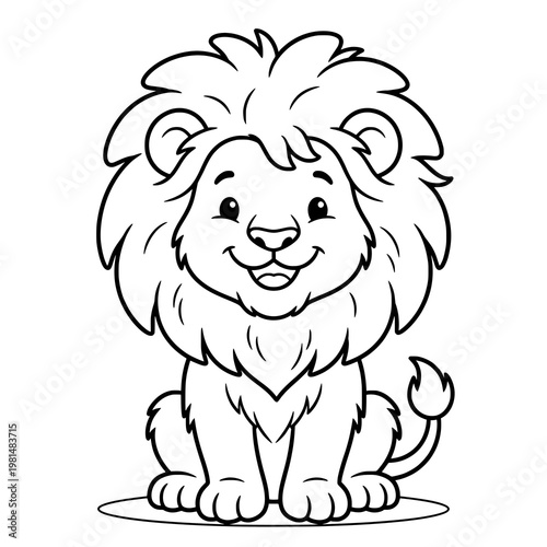 Cute lion coloring page for children, friendly jungle king animal character outline, hand drawn vector illustration for school projects, kids activity book and educational materials.