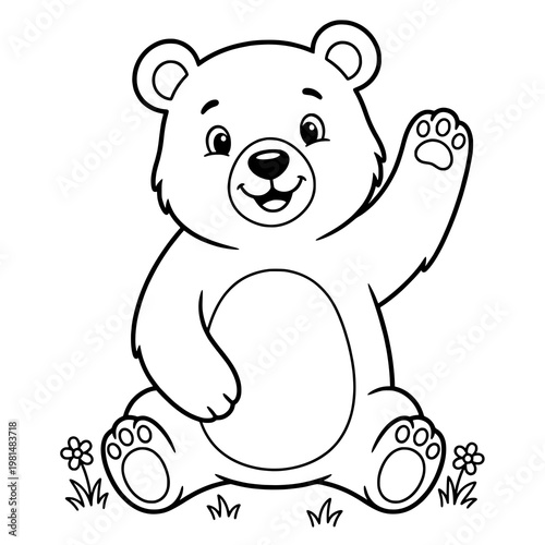 Friendly teddy bear waving hello coloring page, cute baby bear sitting in nature, hand drawn outline vector for kids educational worksheets, coloring book and nursery art.