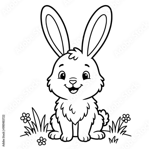 Cute bunny coloring page for kids, adorable baby rabbit sitting in grass with flowers, hand drawn outline vector illustration for nursery activities and educational preschool worksheets