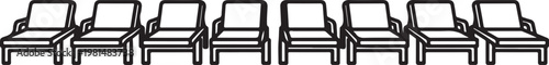 Black and white line drawing of a long row of empty chairs Vector