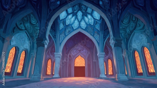 Interior view of an ornate hall featuring high arches and warmly lit windows