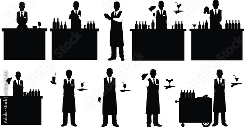 Bartender silhouettes mixing cocktails behind bar counter, professional bar staff serving drinks, nightlife hospitality and beverage service concept illustration