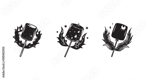 Black and white illustrations of marshmallows on sticks with flames and sparks  perfect for food and cooking concepts
