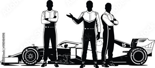 Formula Racing Drivers Team Standing with Race Car Silhouette, Professional Motorsport Competition and High Speed Racing Concept