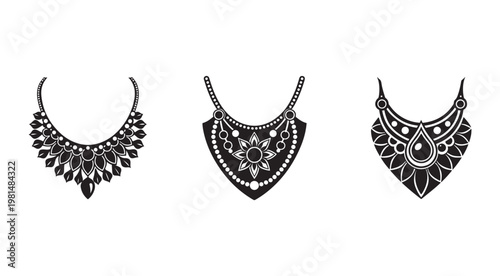 Black and white illustrations of three ornate necklaces with floral patterns on white background  jewelry designs