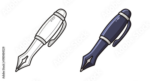 Vintage Fountain Pen Illustration: Line Art and Full Color Comparison